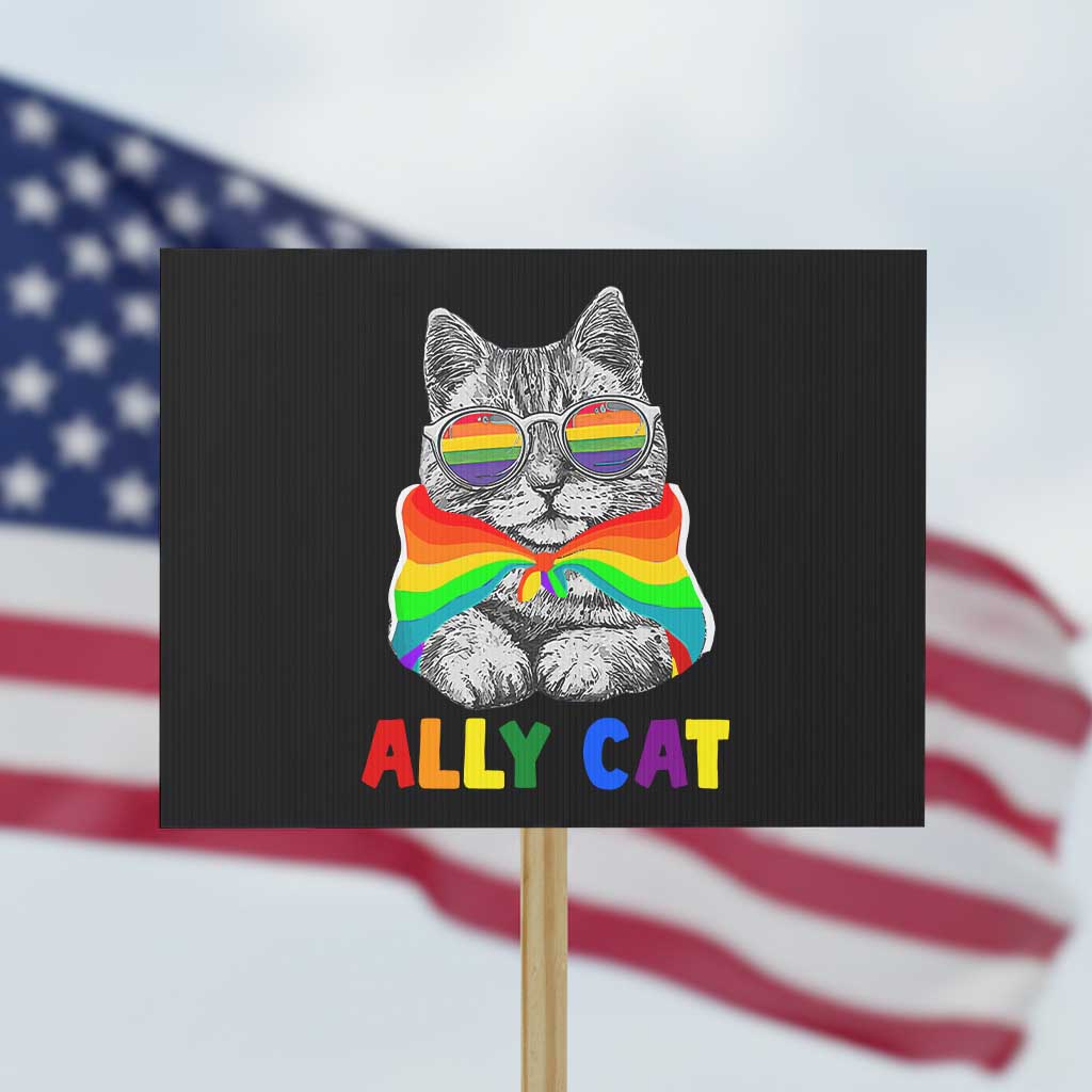 Ally Cat with Pride Cape Protest Sign Rainbow LGBTQ+ Support TS02 Horizontal 18