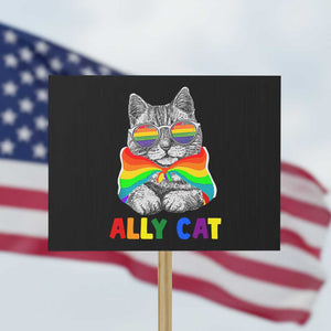 Ally Cat with Pride Cape Protest Sign Rainbow LGBTQ+ Support TS02 Horizontal 18" × 24" Black Print Your Wear