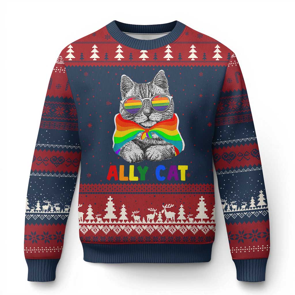 Ally Cat with Pride Cape Ugly Christmas Sweater Rainbow LGBTQ+ Support TS02 Navy Red Print Your Wear