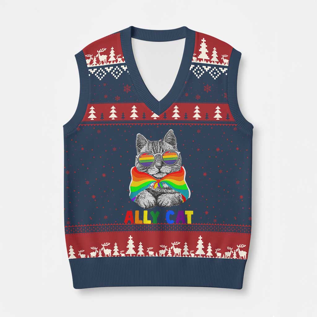 Ally Cat with Pride Cape V-Neck Knit Sweater Vest Rainbow LGBTQ+ Support TS02 Navy Red Print Your Wear