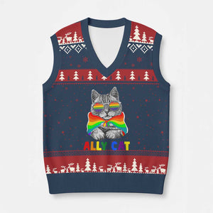 Ally Cat with Pride Cape V-Neck Knit Sweater Vest Rainbow LGBTQ+ Support TS02 Navy Red Print Your Wear