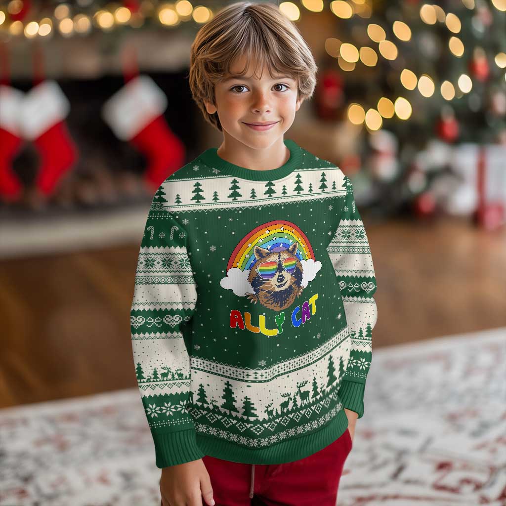 Ally Street Cat Rainbow Raccoon Ugly Christmas Sweater Funny LGBTQ+ Pride Support TS02 Forest Green Beige Print Your Wear