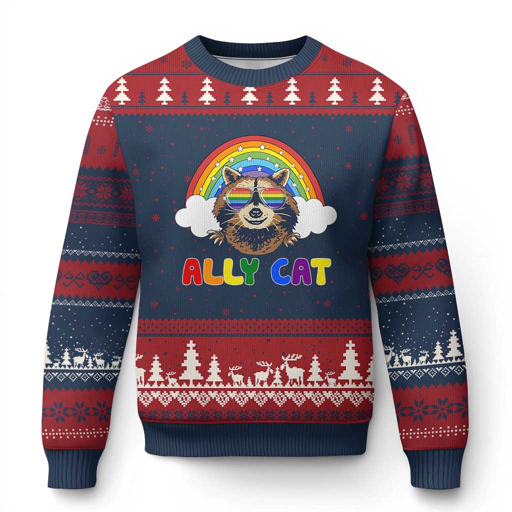Ally Street Cat Rainbow Raccoon Ugly Christmas Sweater Funny LGBTQ+ Pride Support TS02 Navy Red Print Your Wear