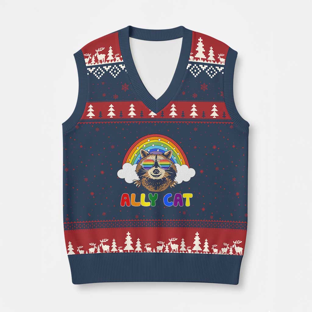 Ally Street Cat Rainbow Raccoon V-Neck Knit Sweater Vest Funny LGBTQ+ Pride Support TS02 Navy Red Print Your Wear