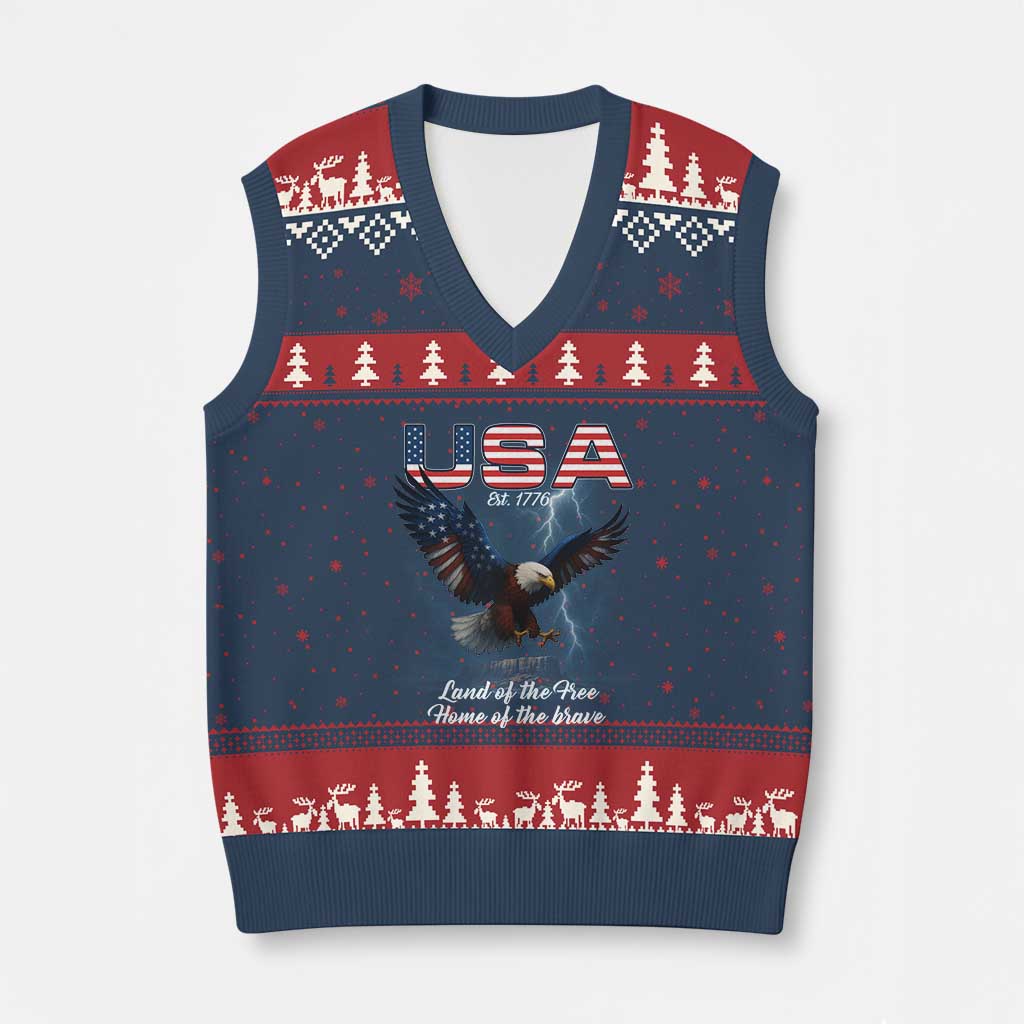 Bold Patriotic American Eagle V-Neck Knit Sweater Vest Land of the Free Home of the Brave Est 1776 TS02 Navy Red Print Your Wear