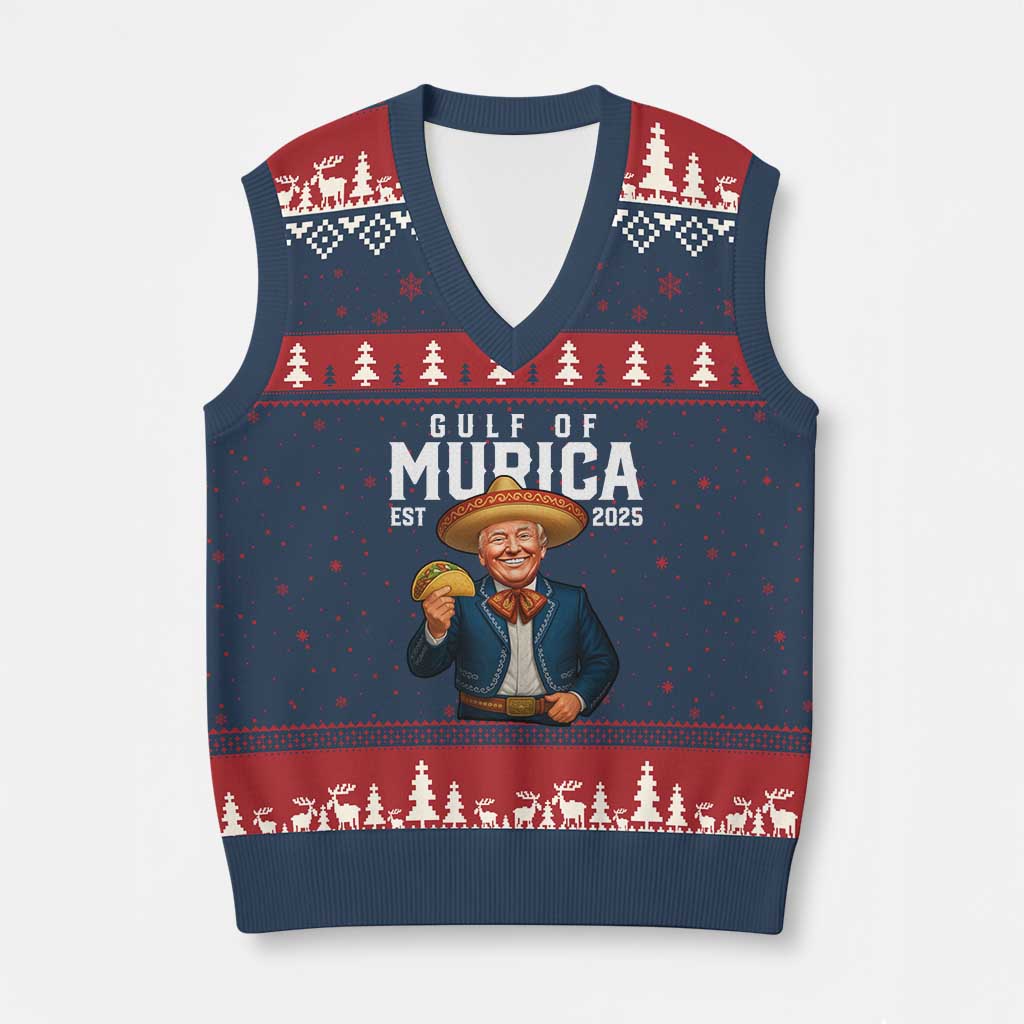 Gulf of Murica Est. 2025 V-Neck Knit Sweater Vest Funny Trump Sombrero Taco Parody TS02 Navy Red Print Your Wear