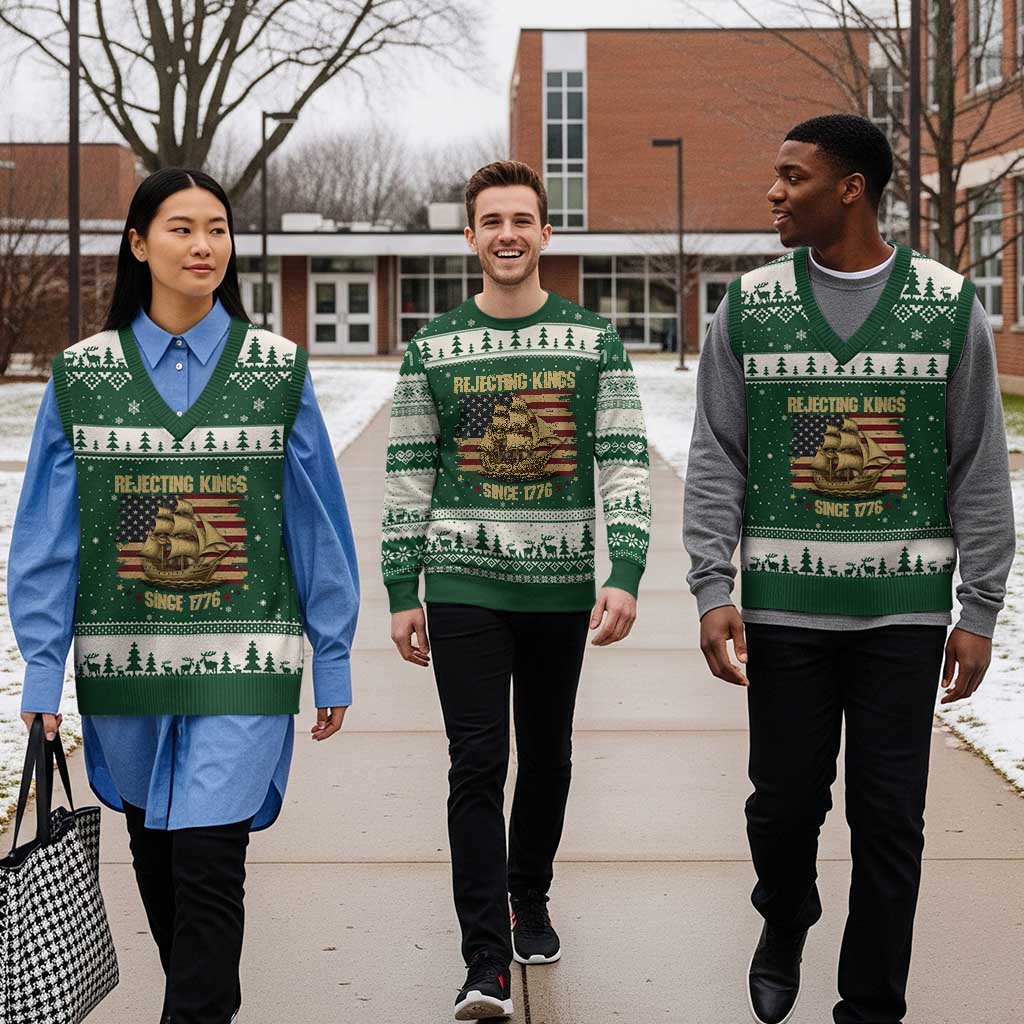 Rejecting Kings Since 1776 V-Neck Knit Sweater Vest Historic Ship Sailboat Distressed American Flag TS02 Forest Green Beige Print Your Wear