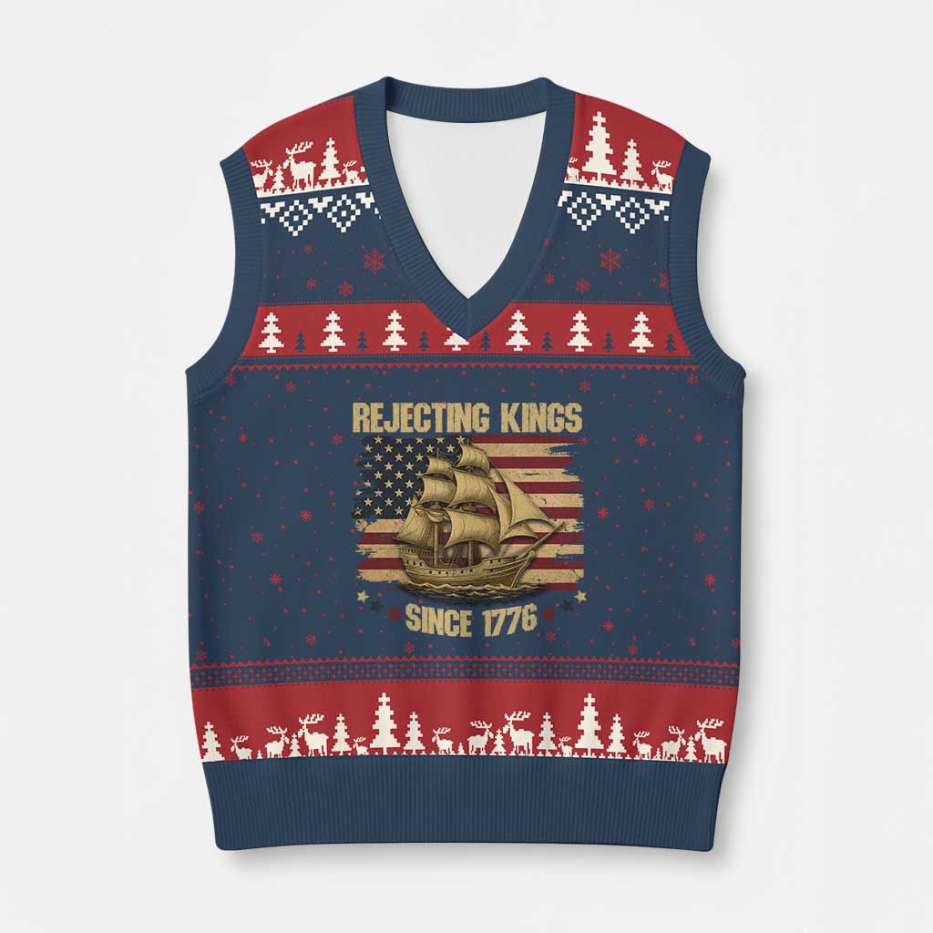 Rejecting Kings Since 1776 V-Neck Knit Sweater Vest Historic Ship Sailboat Distressed American Flag TS02 Navy Red Print Your Wear
