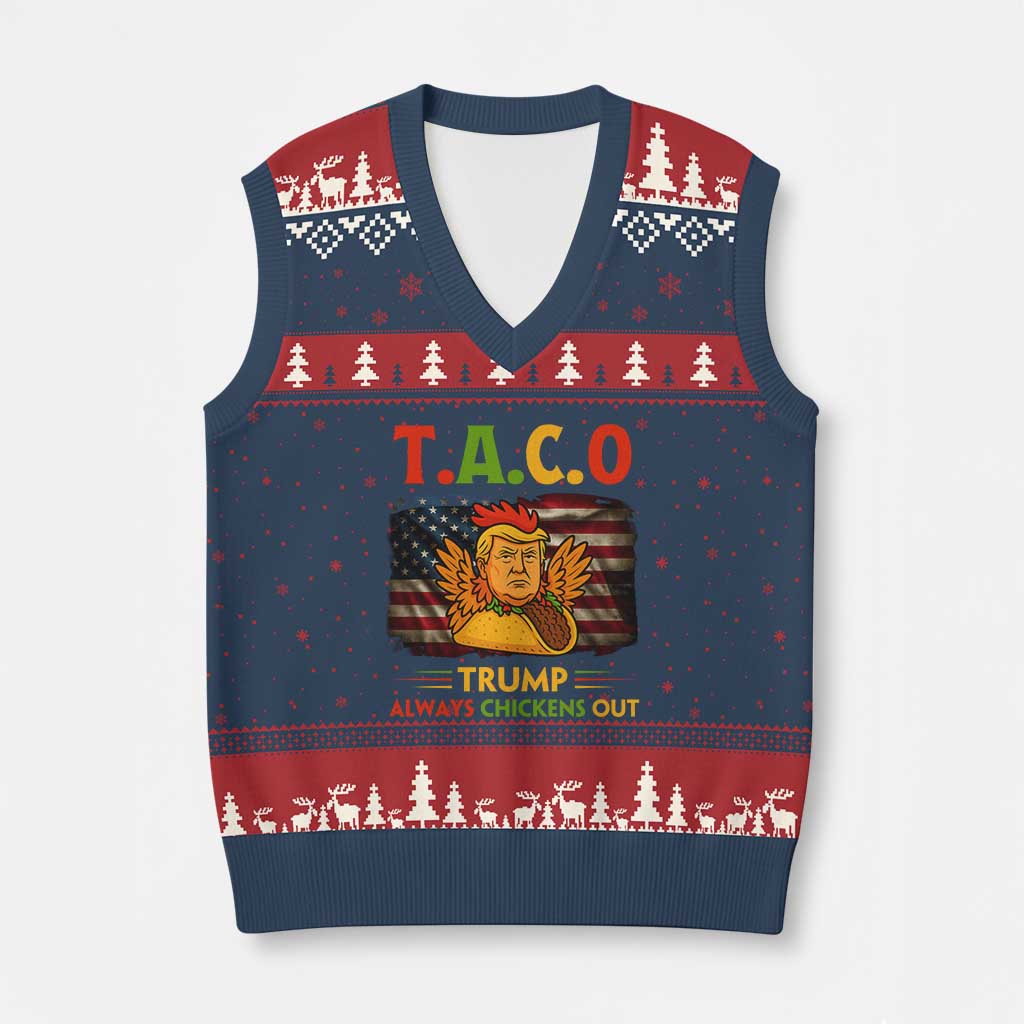 Funny TACO Trump Always Chickens Out V-Neck Knit Sweater Vest American Flag Political Parody TS02 Navy Red Print Your Wear