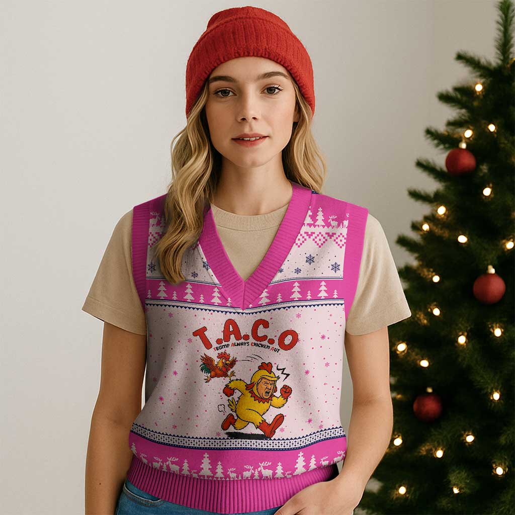 Funny TACO Running Chicken V-Neck Knit Sweater Vest Trump Always Chickens Out Hilarious Political TS02 Hot Pink Print Your Wear