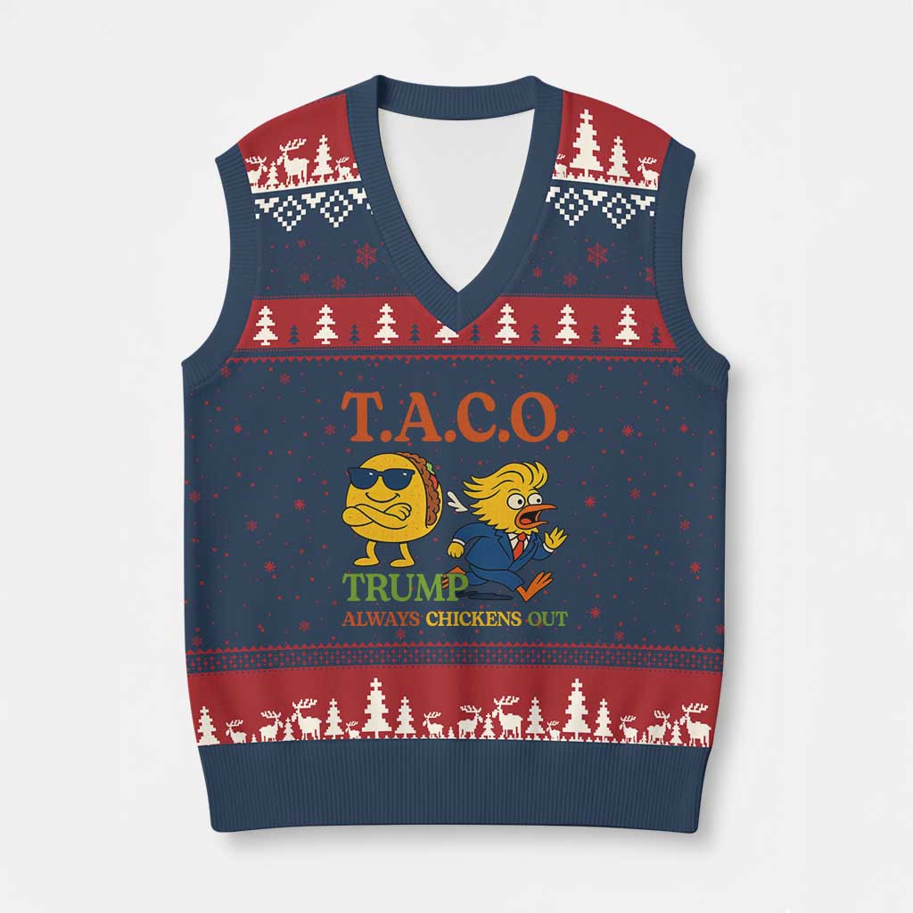 Funny TACO Cool Taco vs Trump Chicken V-Neck Knit Sweater Vest Trump Always Chickens Out TS02 Navy Red Print Your Wear