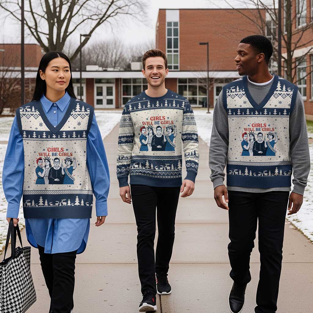 Patriotic Feminist Empowerment V-Neck Knit Sweater Vest Girl Will Be Girls Womens Rights 4th of July TS02 Beige Navy Print Your Wear