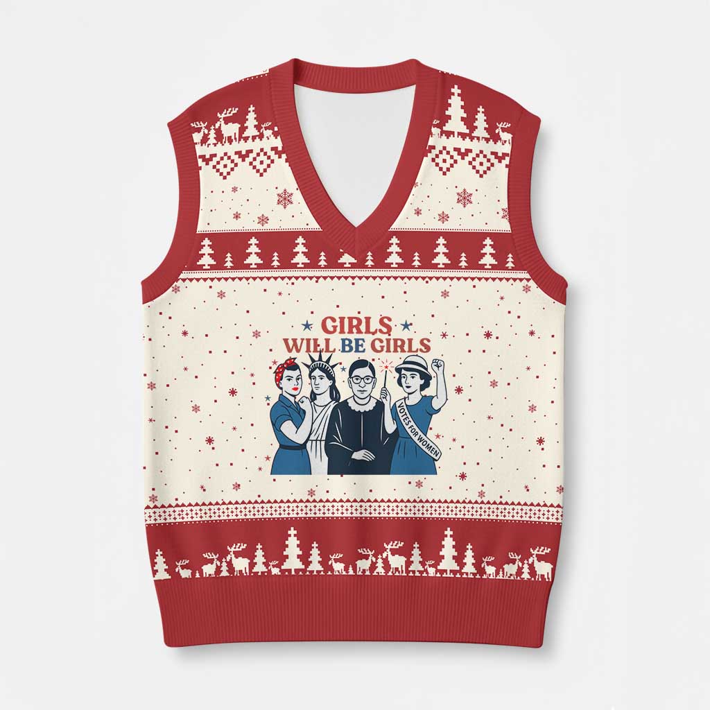 Patriotic Feminist Empowerment V-Neck Knit Sweater Vest Girl Will Be Girls Womens Rights 4th of July TS02 Beige Red Print Your Wear