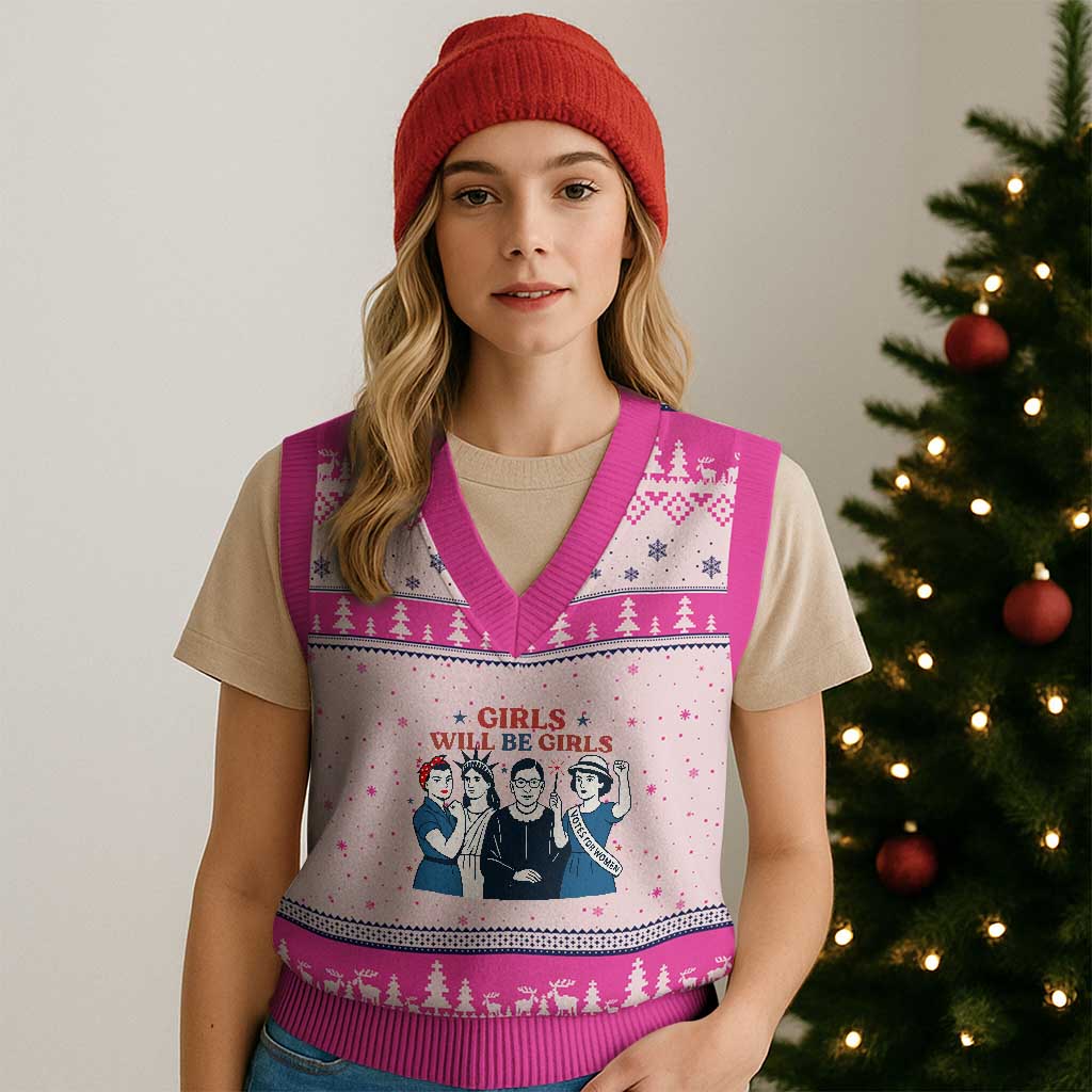 Patriotic Feminist Empowerment V-Neck Knit Sweater Vest Girl Will Be Girls Womens Rights 4th of July TS02 Hot Pink Print Your Wear