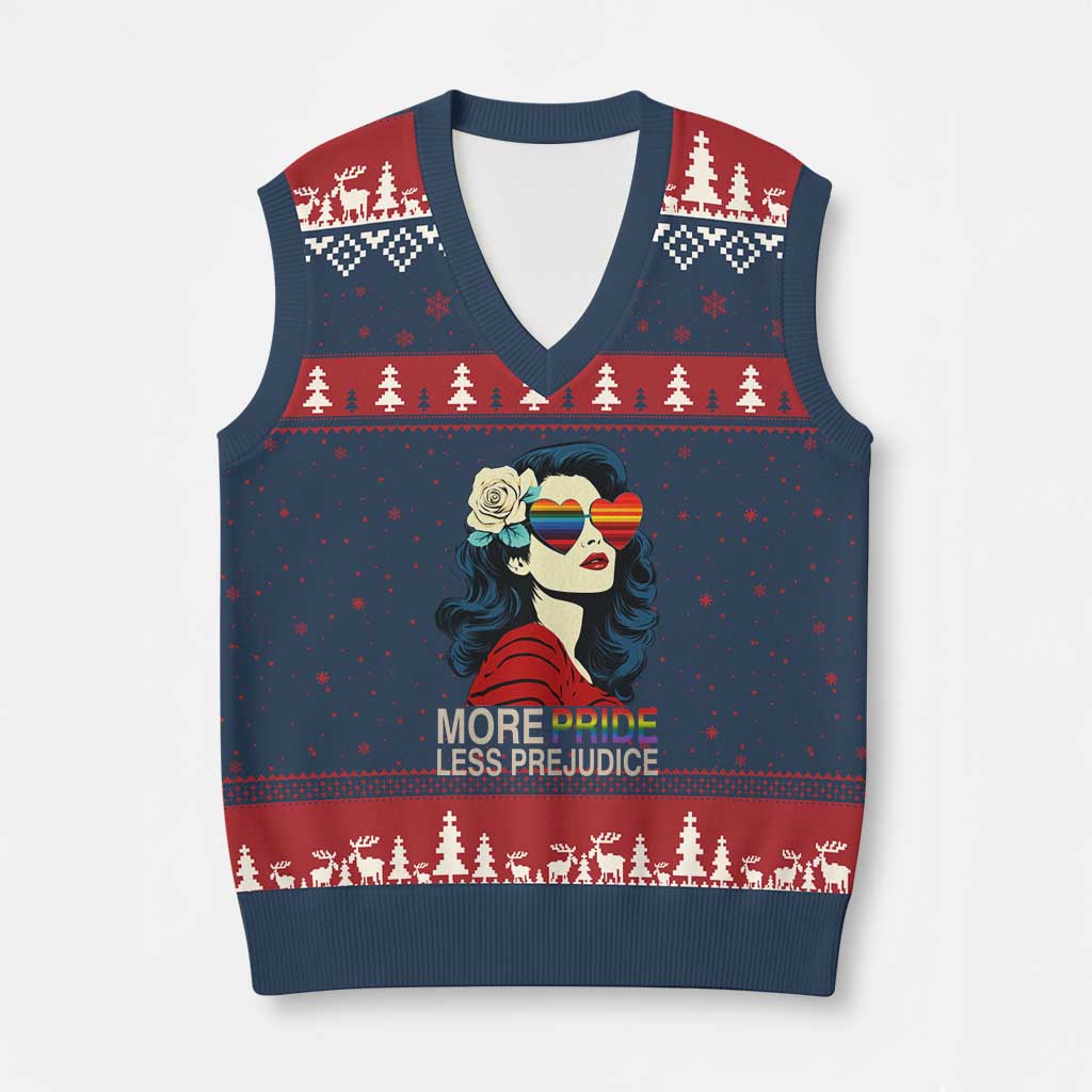 More Pride Less Prejudice V-Neck Knit Sweater Vest Retro Pride Month LGBTQ Feminist TS02 Navy Red Print Your Wear