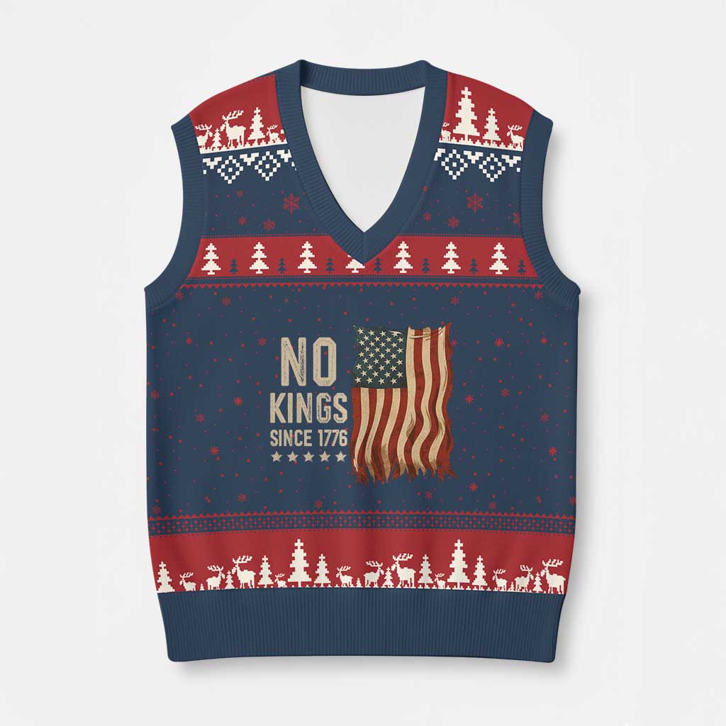 No Kings Since 1776 V-Neck Knit Sweater Vest Patriotic 4th Of July Distressed American Flag TS02 Navy Red Print Your Wear