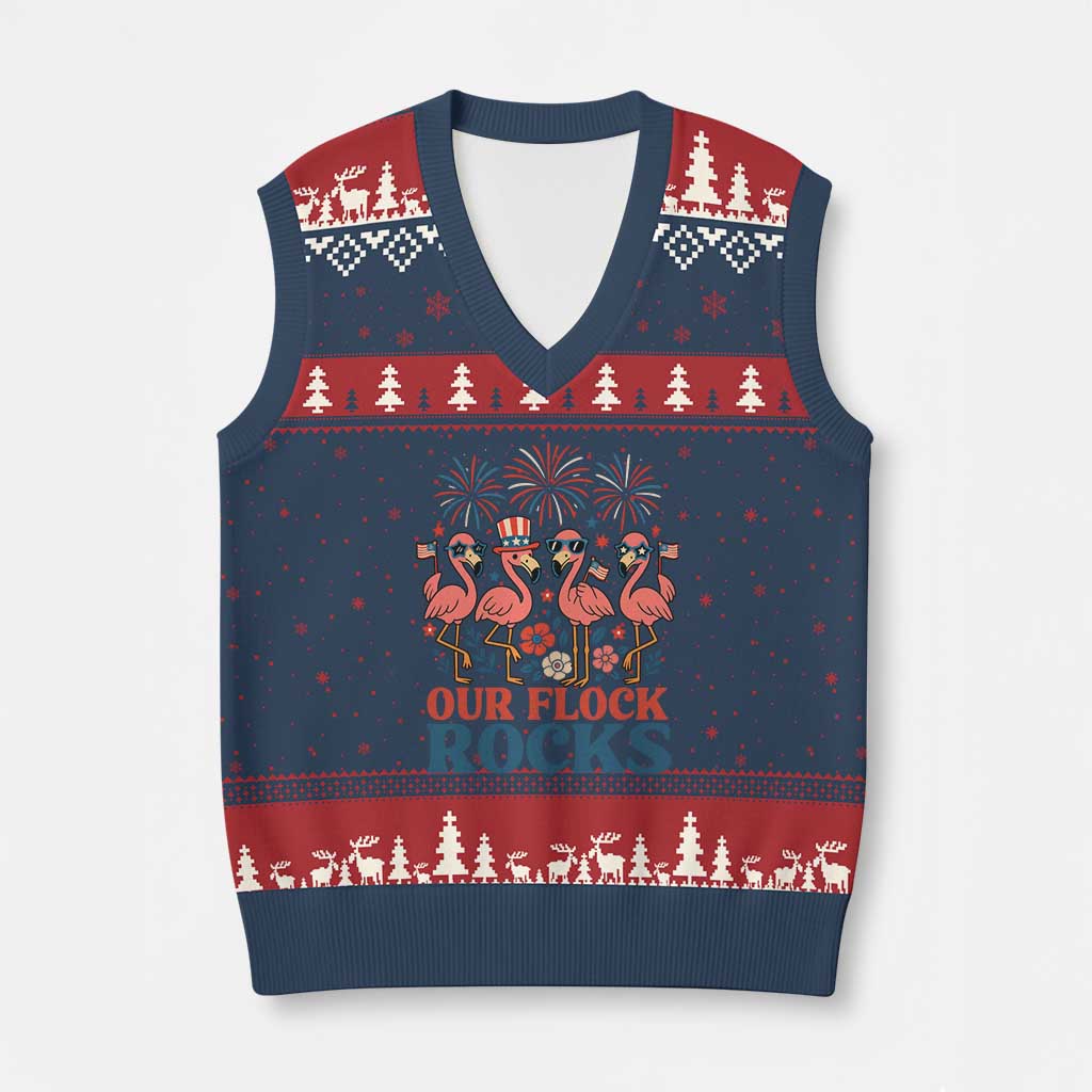 Our Flock Rocks Patriotic Flamingo V-Neck Knit Sweater Vest Funny 4th of July Family Matching TS02 Navy Red Print Your Wear