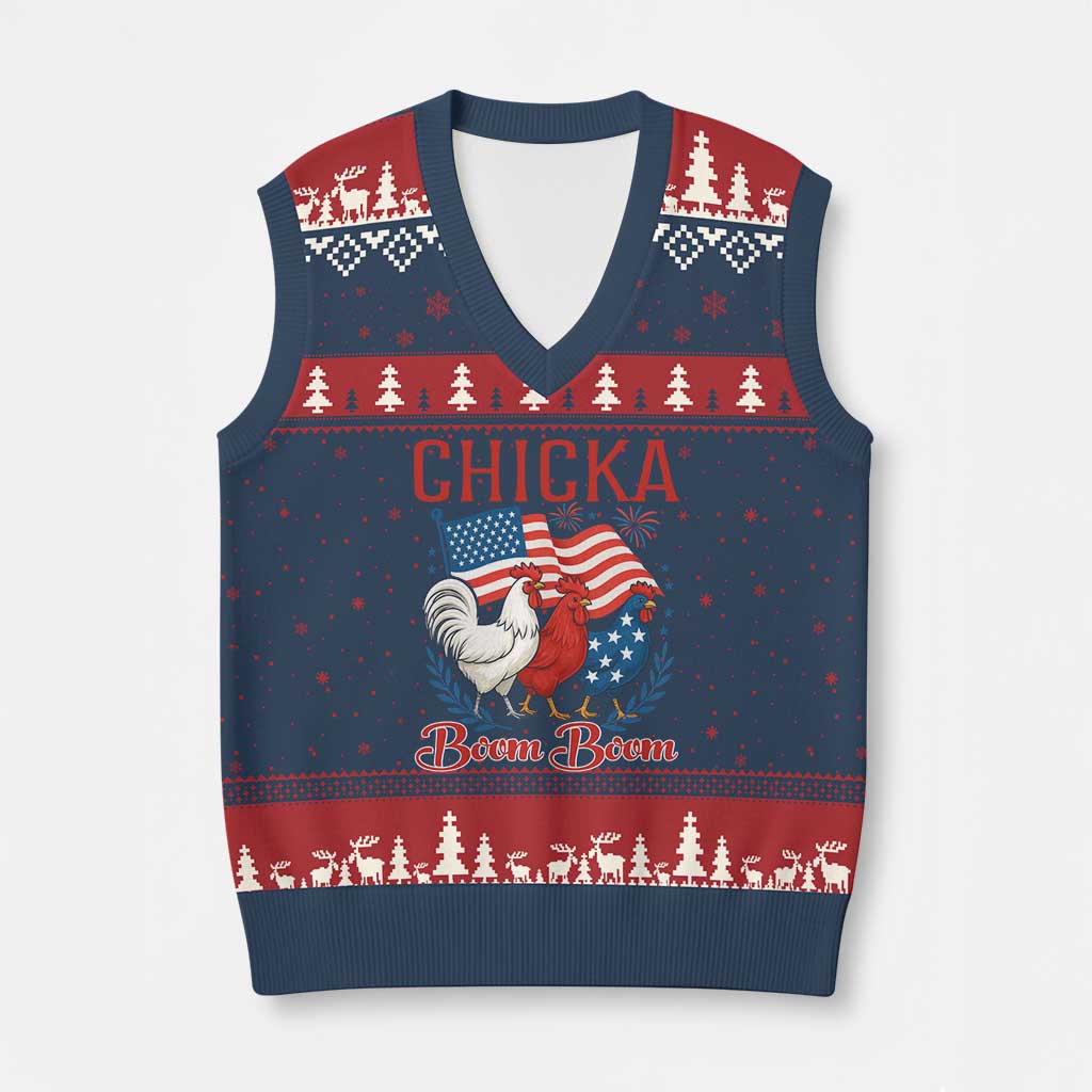 Chicka Boom Boom Patriotic Chicken V-Neck Knit Sweater Vest Funny Patriotic 4th of July Red White and Blue Farm TS02 Navy Red Print Your Wear