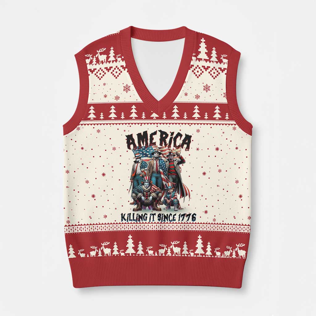 Patriotic Horror Mashup V-Neck Knit Sweater Vest America Killing It Since 1776 TS02 Beige Red Print Your Wear