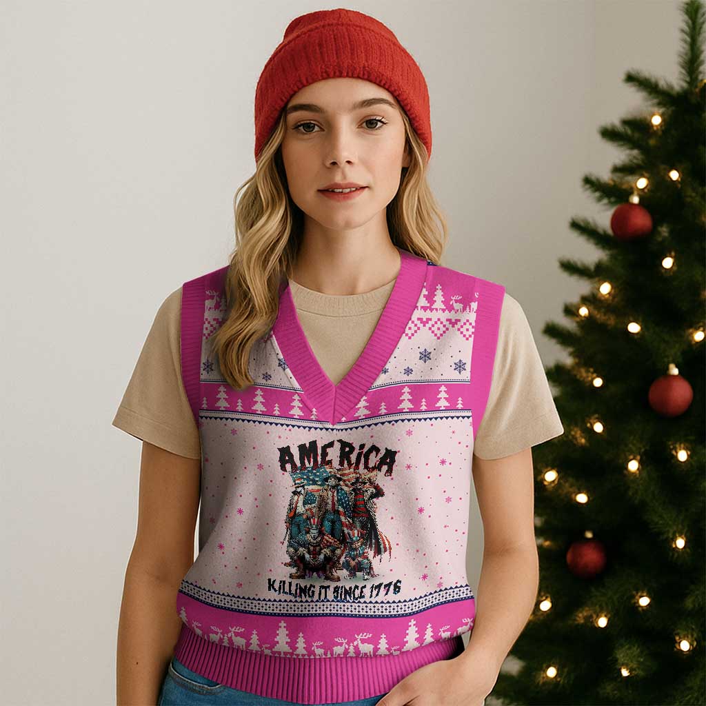 Patriotic Horror Mashup V-Neck Knit Sweater Vest America Killing It Since 1776 TS02 Hot Pink Print Your Wear