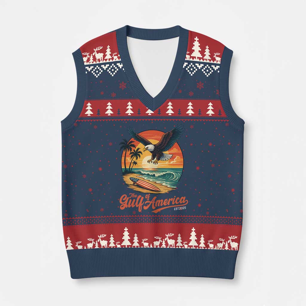 Gulf of USA 2025 Bald Eagle V-Neck Knit Sweater Vest Vintage Patriotic Beach Sunset 4th Of July TS02 Navy Red Print Your Wear