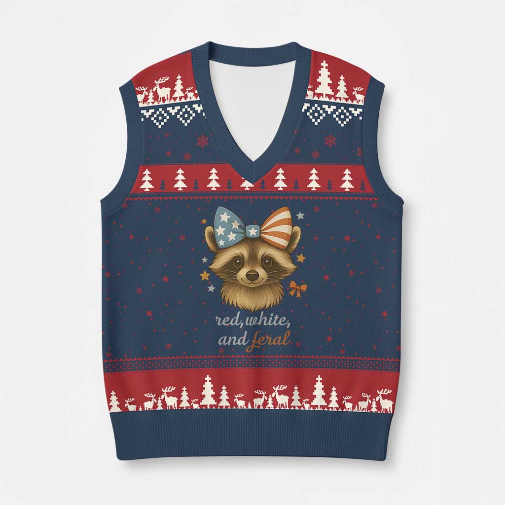 Red White and Feral Raccoon V-Neck Knit Sweater Vest Funny Patriotic Animal 4th of July TS02 Navy Red Print Your Wear