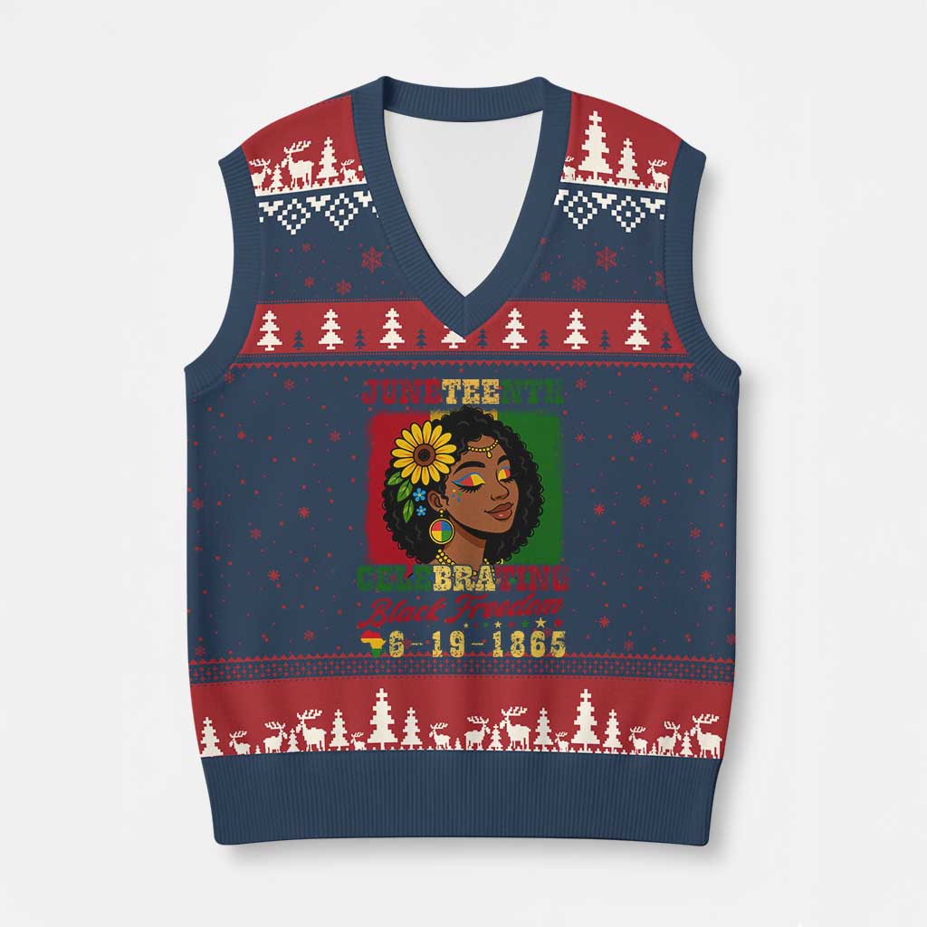 Juneteenth 1865 Black Freedom Celebration V-Neck Knit Sweater Vest Afrocentric Pride Melanin Girl TS02 Navy Red Print Your Wear