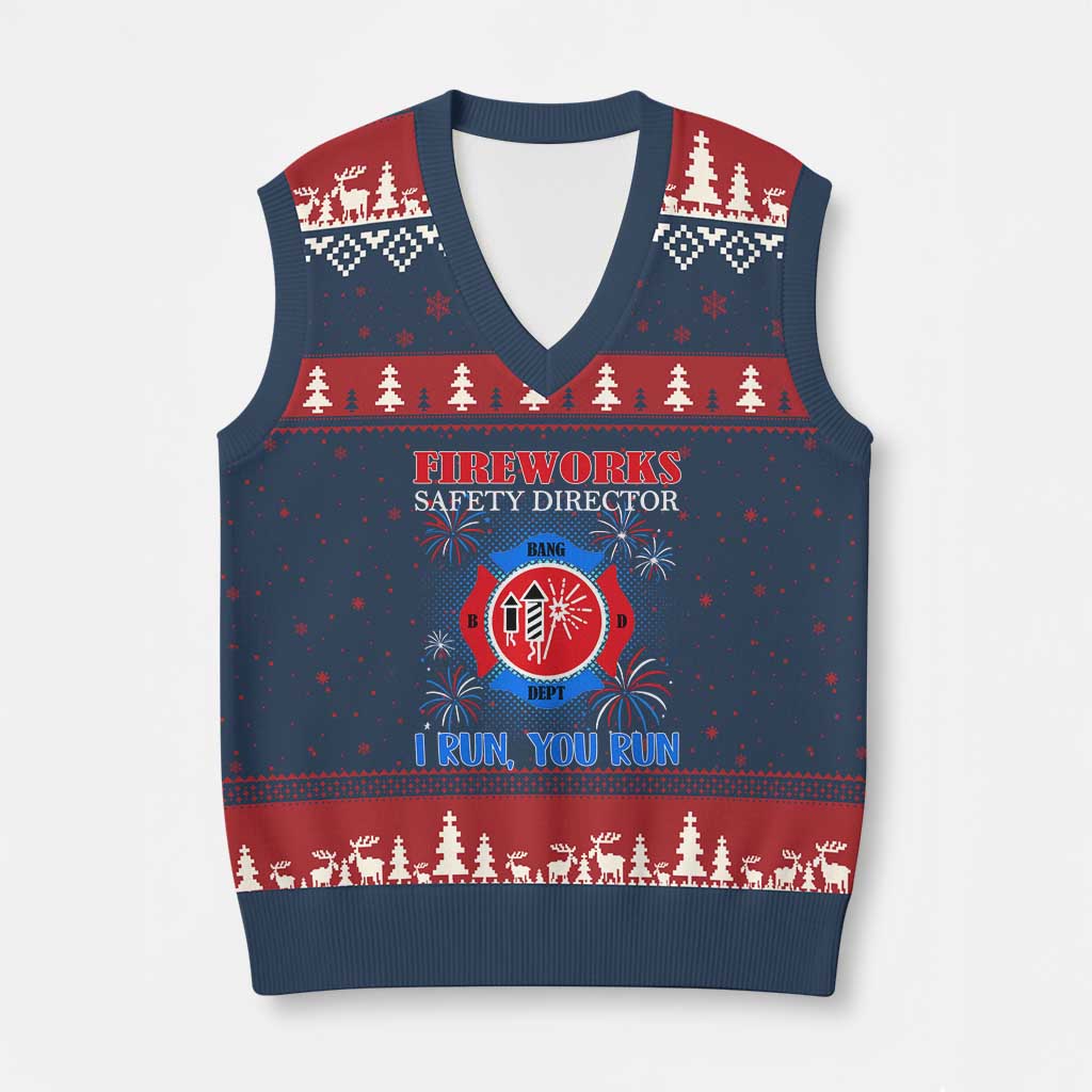 Fireworks Safety Director V-Neck Knit Sweater Vest I Run You Run Funny 4th of July Patriotic TS02 Navy Red Print Your Wear