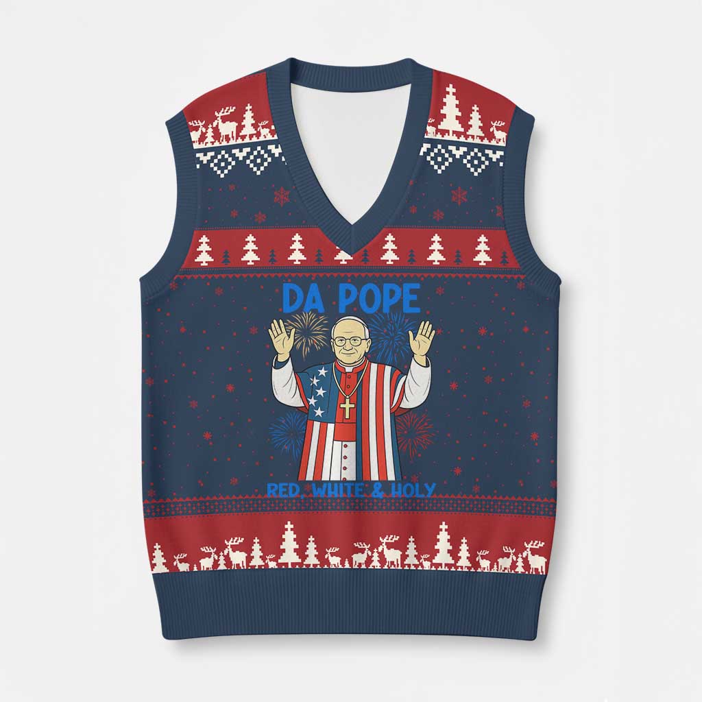 Da Pope Funny 4th of July V-Neck Knit Sweater Vest Red White and Holy Patriotic Catholic TS02 Navy Red Print Your Wear