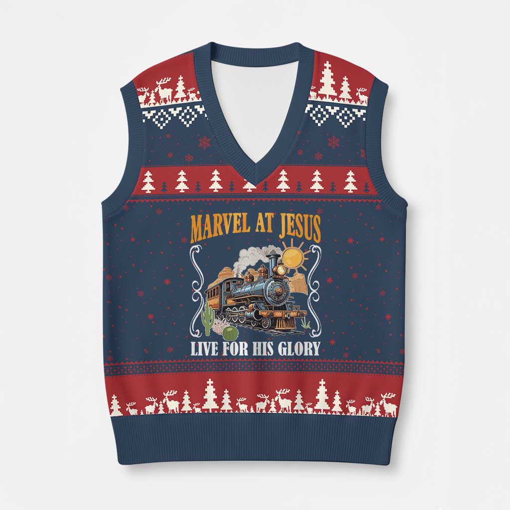 Summer VBS 2025 V-Neck Knit Sweater Vest Marvel at Jesus Live for His Glory Christian Bible Camp TS02 Navy Red Print Your Wear
