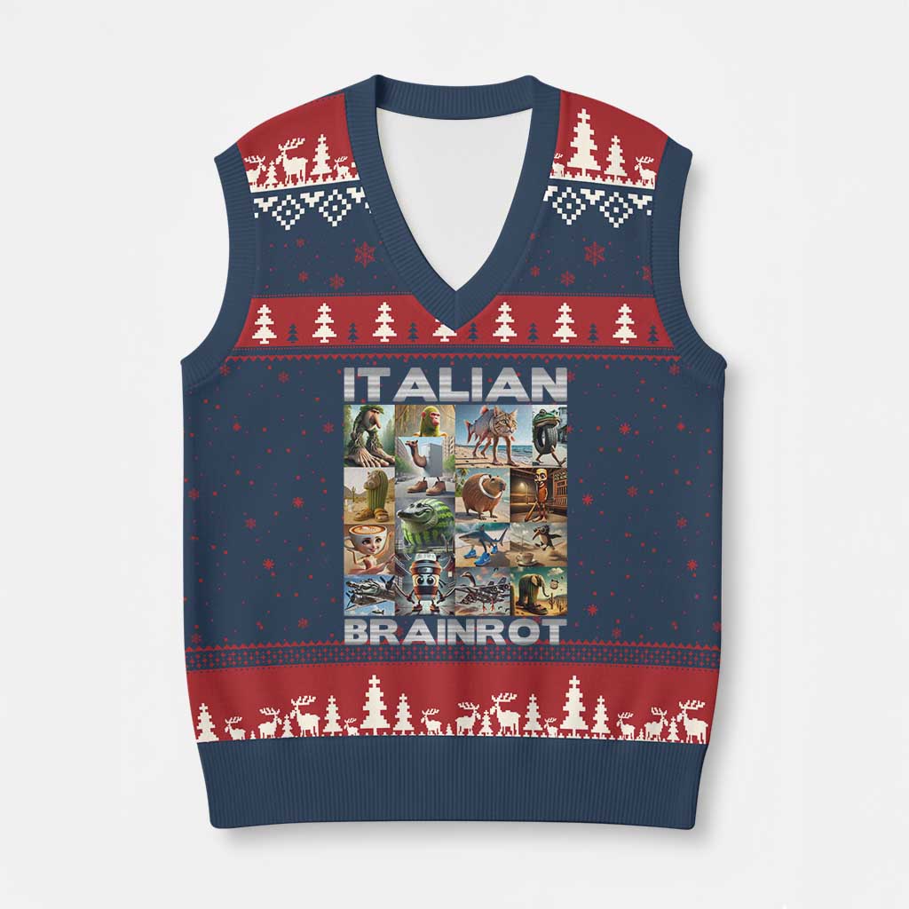 Funny Italian Brainrot Meme Art V-Neck Knit Sweater Vest Surreal Humor Pop Culture Collage TS02 Navy Red Print Your Wear