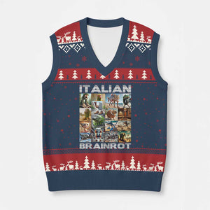 Funny Italian Brainrot Meme Art V-Neck Knit Sweater Vest Surreal Humor Pop Culture Collage TS02 Navy Red Print Your Wear