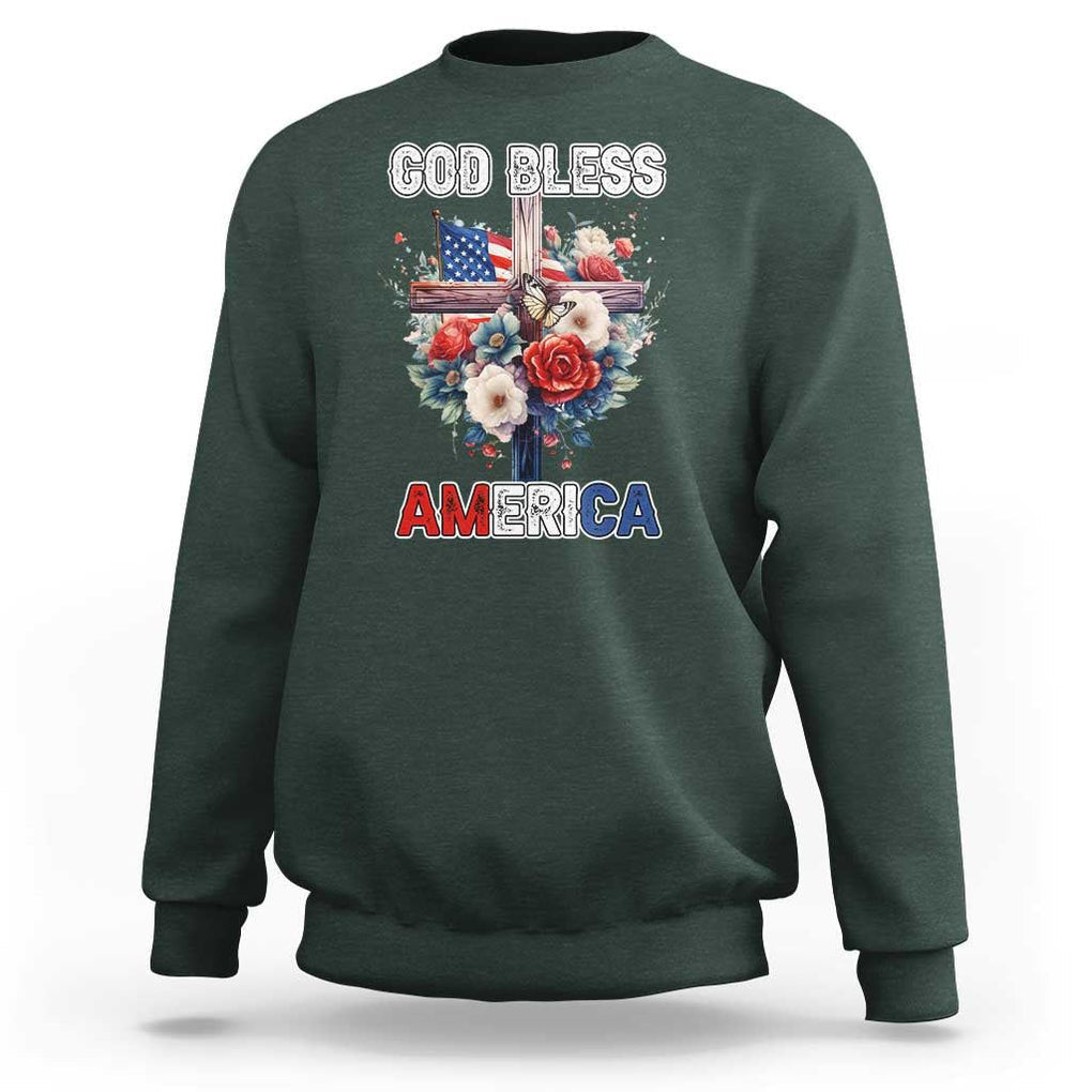 God Bless America Sweatshirt US Flag Christian Cross Religious Faith TS02 Dark Forest Green Print Your Wear