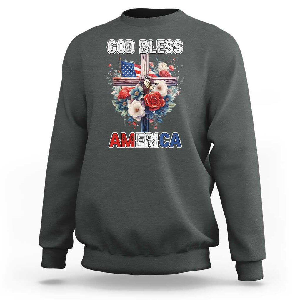 God Bless America Sweatshirt US Flag Christian Cross Religious Faith TS02 Dark Heather Print Your Wear