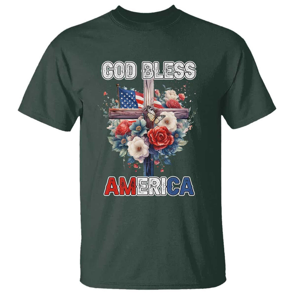 God Bless America T Shirt US Flag Christian Cross Religious Faith TS02 Dark Forest Green Print Your Wear