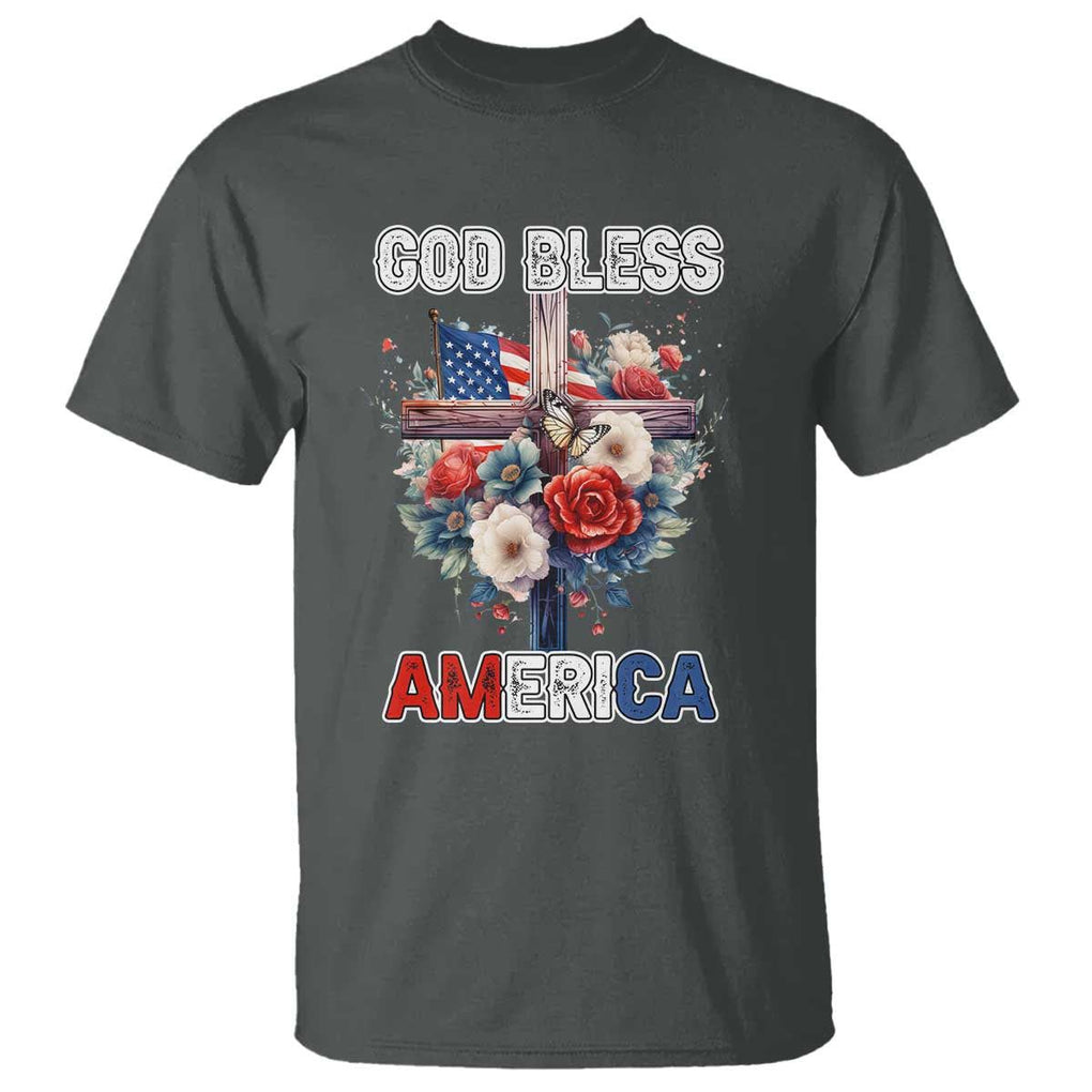 God Bless America T Shirt US Flag Christian Cross Religious Faith TS02 Dark Heather Print Your Wear