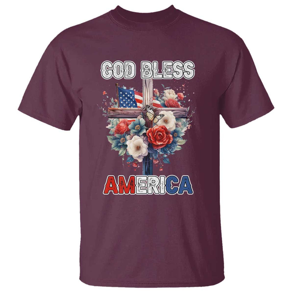 God Bless America T Shirt US Flag Christian Cross Religious Faith TS02 Maroon Print Your Wear