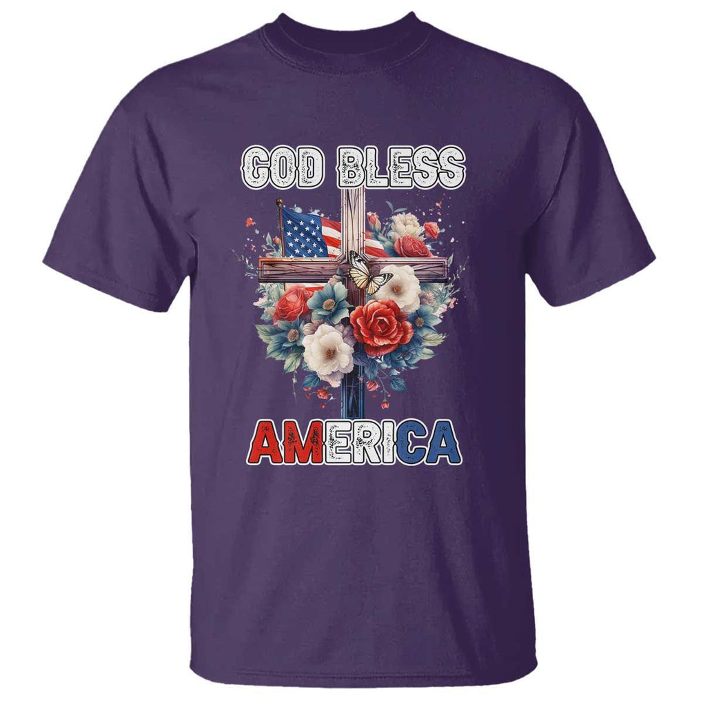 God Bless America T Shirt US Flag Christian Cross Religious Faith TS02 Purple Print Your Wear