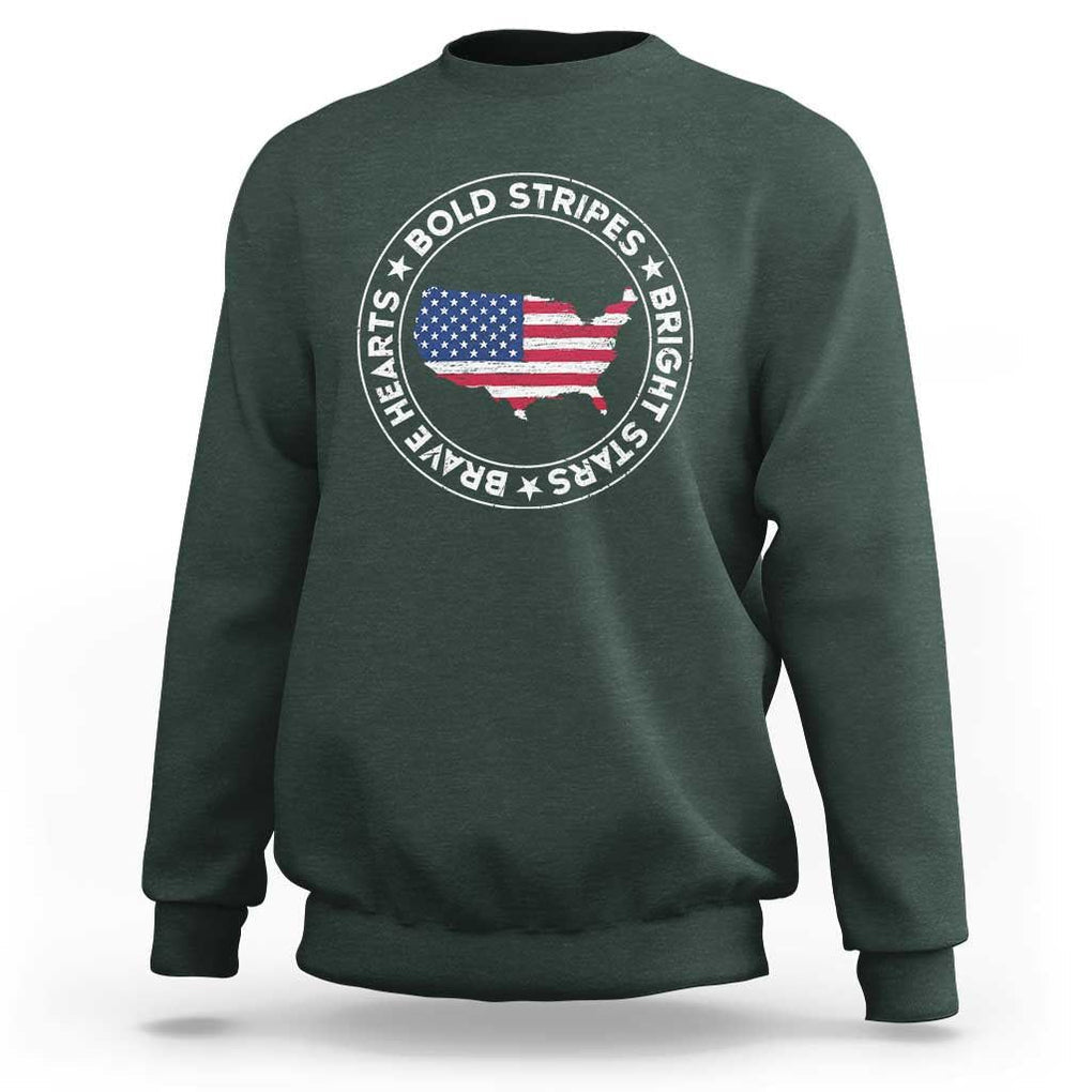 US Pride Sweatshirt Bold Stripes Bright Stars Brave Hearts American Patriotic TS02 Dark Forest Green Print Your Wear