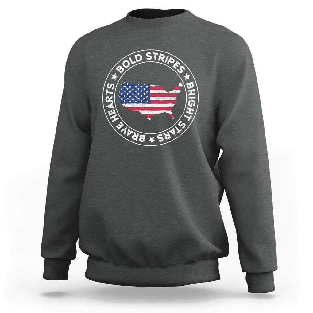 US Pride Sweatshirt Bold Stripes Bright Stars Brave Hearts American Patriotic TS02 Dark Heather Print Your Wear
