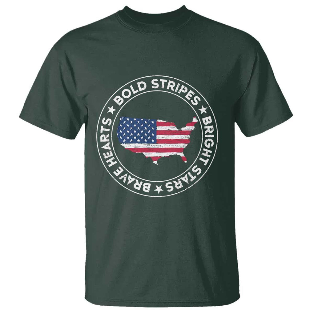 US Pride T Shirt Bold Stripes Bright Stars Brave Hearts American Patriotic TS02 Dark Forest Green Print Your Wear