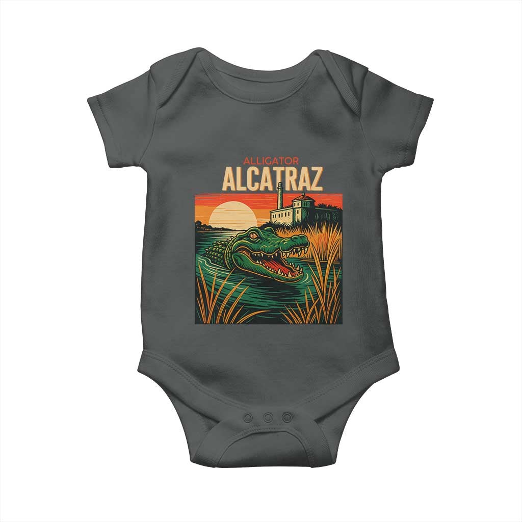 Alligator Alcatraz Baby Onesie Retro Florida Swamp Political Prison TS02 Dark Heather Print Your Wear