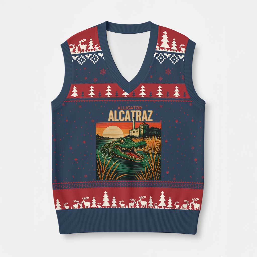 Alligator Alcatraz V-Neck Knit Sweater Vest Retro Florida Swamp Political Prison TS02 Navy Red Print Your Wear