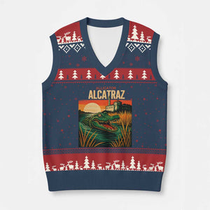Alligator Alcatraz V-Neck Knit Sweater Vest Retro Florida Swamp Political Prison TS02 Navy Red Print Your Wear
