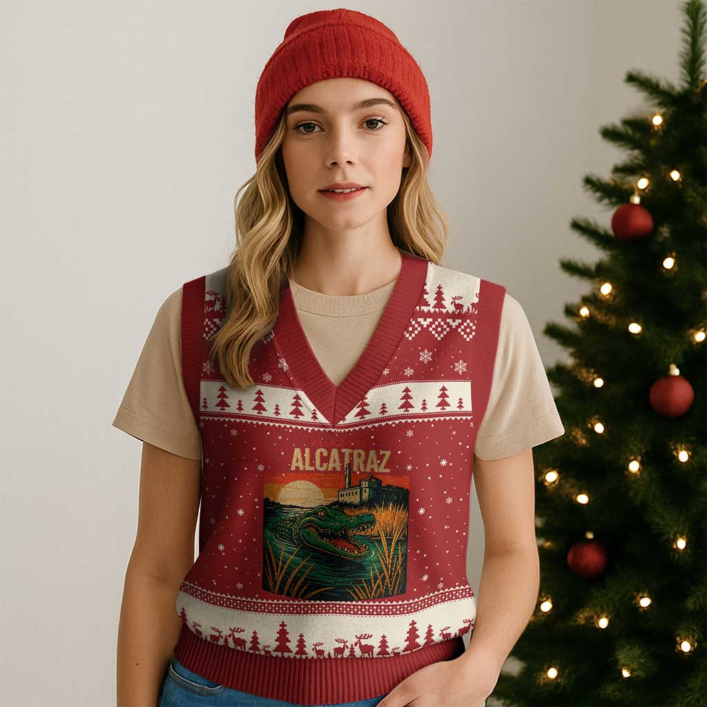 Alligator Alcatraz V-Neck Knit Sweater Vest Retro Florida Swamp Political Prison TS02 Red Beige Print Your Wear