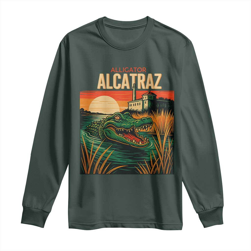 Alligator Alcatraz Long Sleeve Shirt Retro Florida Swamp Political Prison TS02 Dark Forest Green Print Your Wear