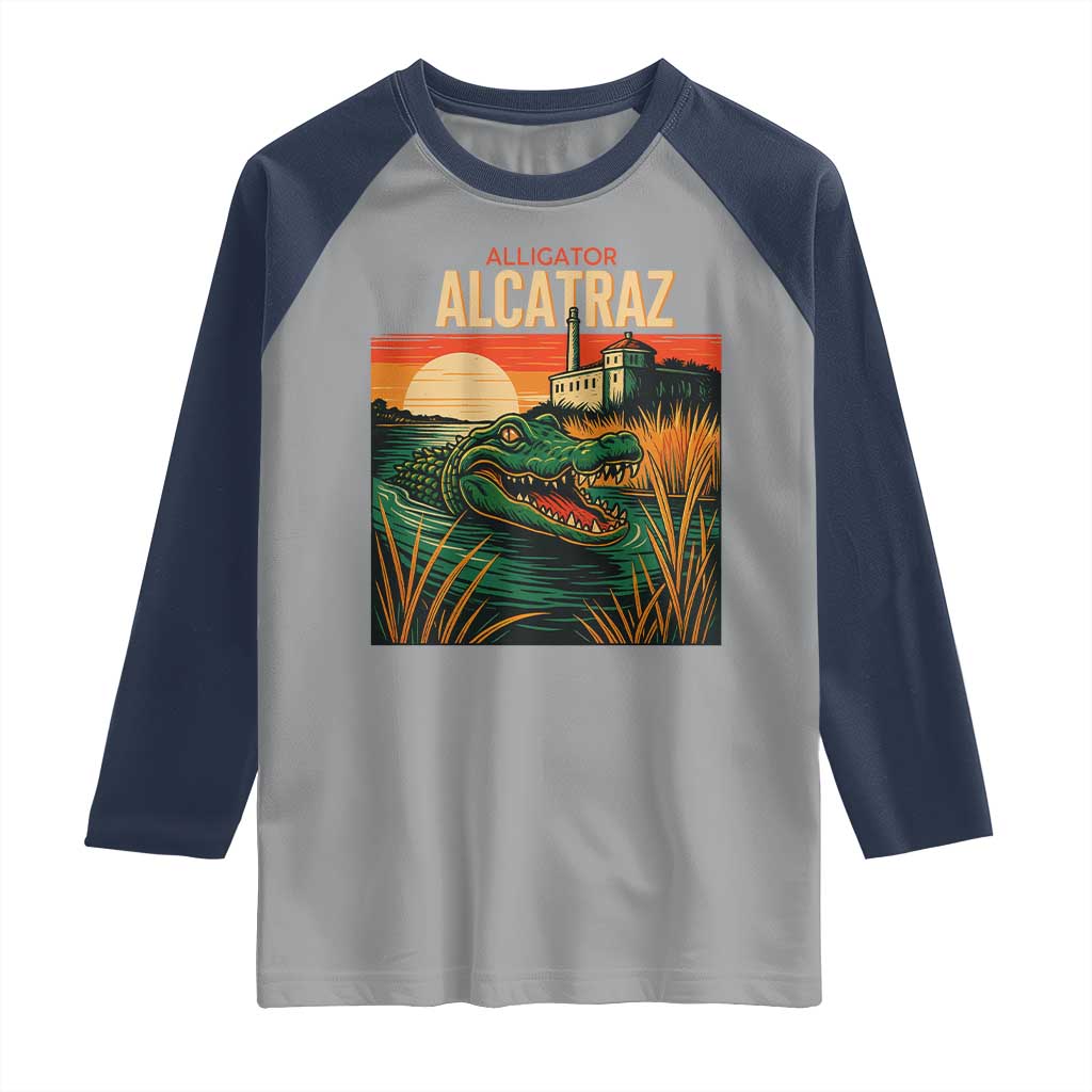 Alligator Alcatraz Raglan Shirt Retro Florida Swamp Political Prison TS02 Sport Gray Navy Print Your Wear