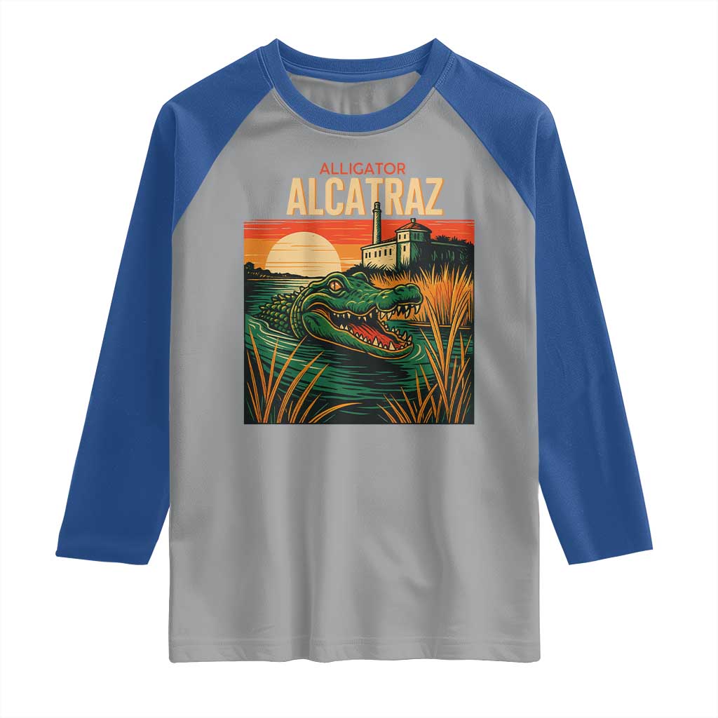 Alligator Alcatraz Raglan Shirt Retro Florida Swamp Political Prison TS02 Sport Gray Royal Print Your Wear