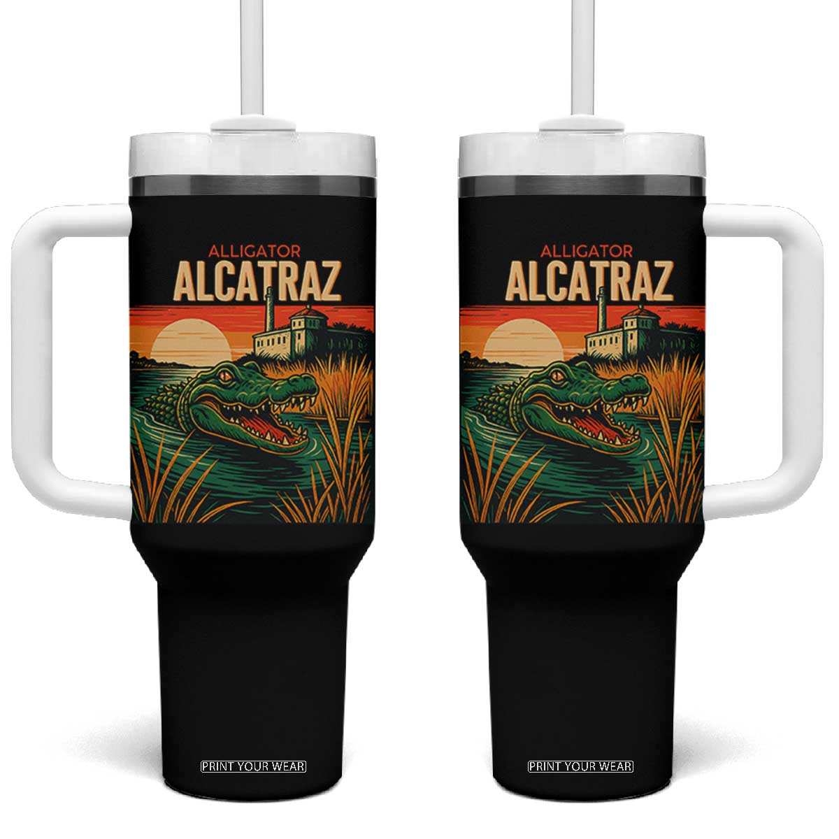 Alligator Alcatraz Tumbler With Handle Retro Florida Swamp Political Prison TS02 One Size: 40 oz Black Print Your Wear