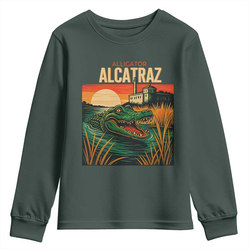 Alligator Alcatraz Youth Sweatshirt Retro Florida Swamp Political Prison TS02 Dark Forest Green Print Your Wear